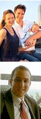 TOP: Camille Wiart ('01) with husband Pierre-Alexandre Bourdel and son Paul; BOTTOM:  Akli Hadid ('01)